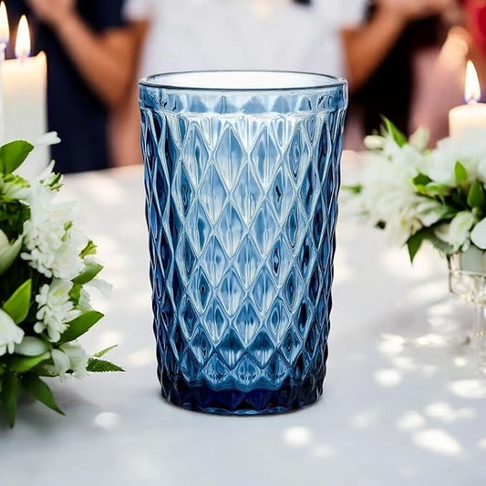 Vintage 6er-Set Farbige Trinkgläser mit Netz Muster - Blau