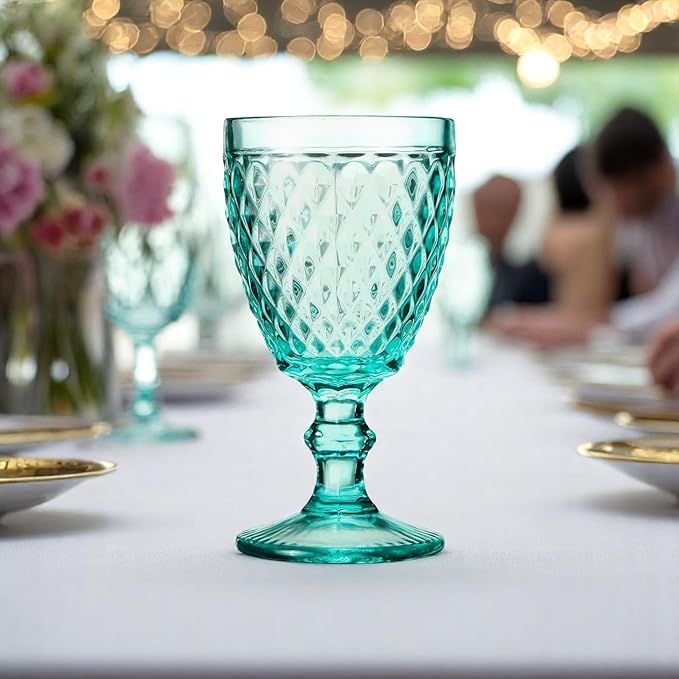 Vintage 6er-Set Farbige Weingläser mit Netz Muster - Türkis