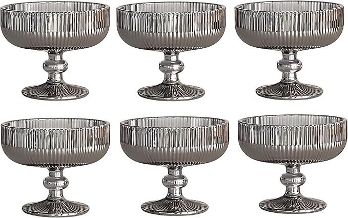 Vintage 6er-Set Farbige Schälchen / Dessertschale mit Linie Muster – Grau-Glanz