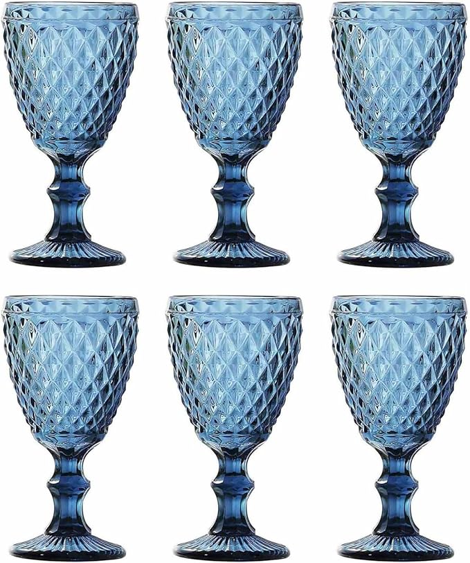 Vintage 6er-Set Farbige Weingläser mit Netz Muster – Blau